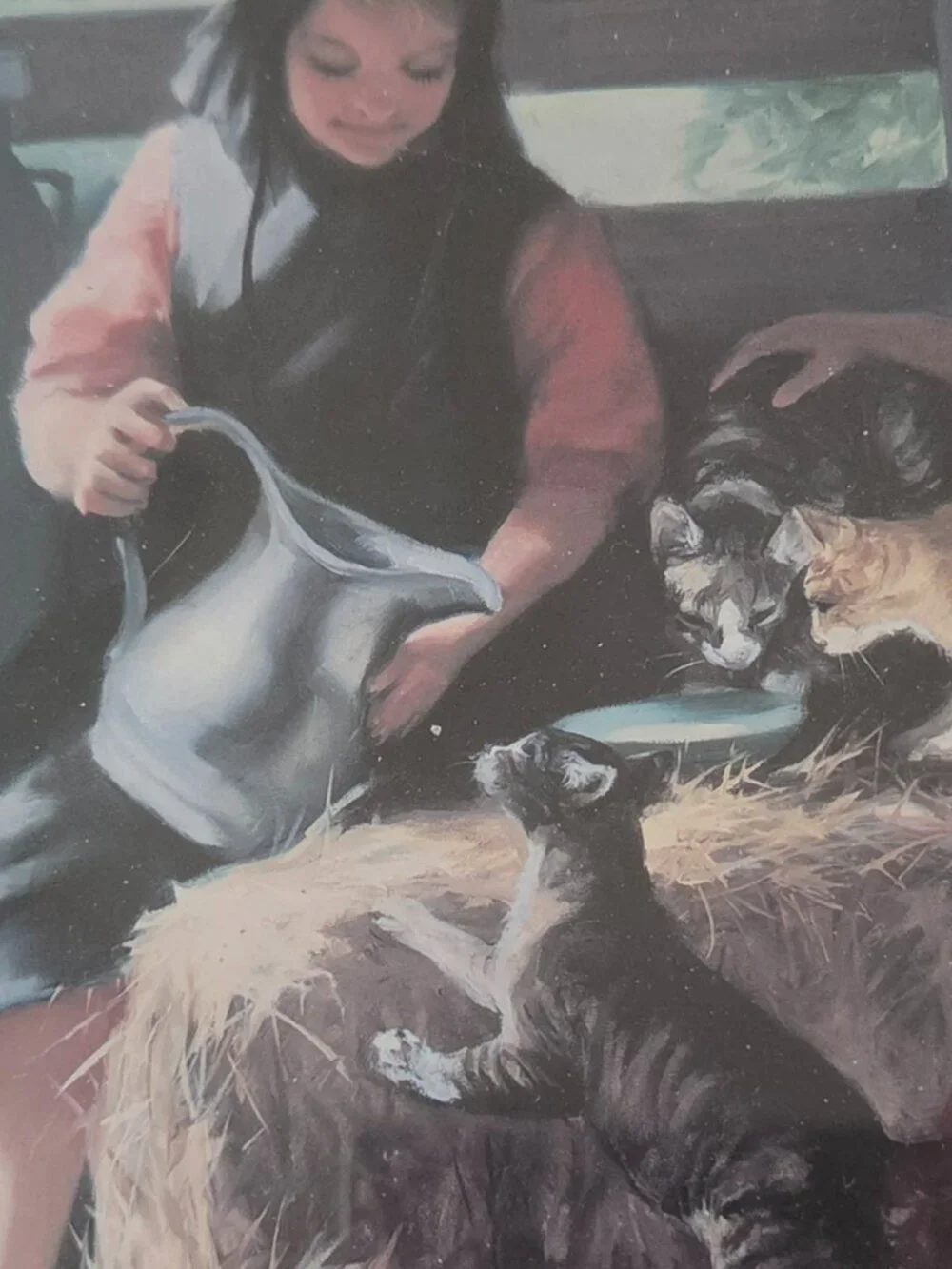 SHARING WITH A FRIEND FRAMED ART 2 GIRLS FEEDING KITTENS ARTIST SIGNED